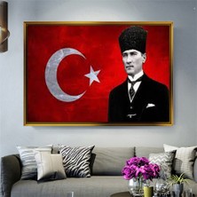 Giyense Tablokalpaklı Atatürk ve Türk Bayrağı Portresi Çerçeveli Kanvas Tablo Modern Salon Dekoru