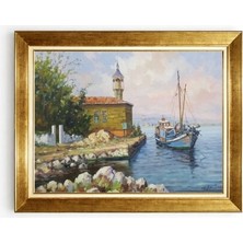 Giyense Tablo Nostaljik Deniz Teknesi ve Sahil Camii Çerçeveli Kanvas Tablo Ev Ofis Duvar Dekoru