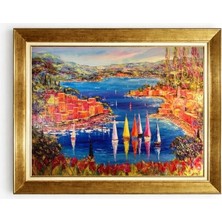 Giyense Tablo Renkli Sahil Kasabası ve Yelkenliler Yağlı Boya Dokulu Kanvas Tablo Salon