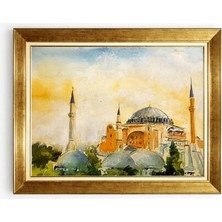 Giyense Tablo Istanbul Ayasofya Camii Manzaralı Altın Çerçeveli Suluboya Dokulu Salon Tablosu