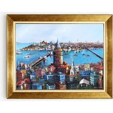 Giyense Tablo Istanbul Galata Kulesi Manzaralı Yağlı Boya Efektli Gold Çerçeveli Kanvas Tablo