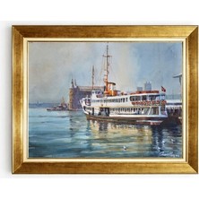 Giyense Tablo Deniz ve Istanbul Vapuru Manzaralı Gold Çerçeveli Salon Kanvas Tablo