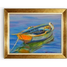 Giyense Tablo Deniz Üstünde Sandal Yağlı Boya Görünümlü Altın Çerçeveli Kanvas Tablo Modern Duvar Dekoru