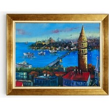 Giyense Tablogalata Kulesi ve Istanbul Manzaralı Yağlı Boya Görünümlü Altın Çerçeveli Tablo