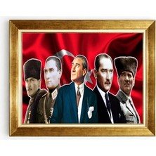 Giyense Tablo Atatürk Kolajı Türk Bayrağı Detaylı Altın Çerçeveli Kanvas Tablo