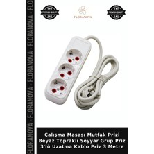 Floranova Çalışma Masası Mutfak Prizi Beyaz Topraklı Seyyar Grup Priz 3'lü Uzatma Kablo Priz 3 Metre