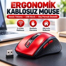 sbodurhome Kırmızı Renkli Baş Parmak Destekli Ergonomik Sessiz Kablosuz Mouse – USB Alıcılı, Ofis ve O