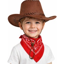 HemenGo Çocuk Kovboy Şapka Kahverengi &amp; Kırmızı Bandana Fular Seti Hmngoett
