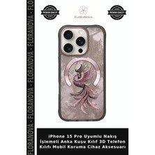 Floranova iPhone 15 Pro Uyumlu Nakış Işlemeli Anka Kuşu Kılıf 3D Telefon Kılıfı Mobil Koruma Cihaz Aksesuarı