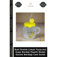 Floranova Özel Üretim Limon Tasarımlı Kupa Bardak Pipetli Model Sunum Bardağı Cam Suluk