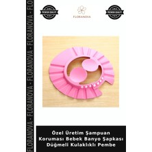 Floranova Özel Üretim Şampuan Koruması Bebek Banyo Şapkası Düğmeli Kulaklıklı Pembe