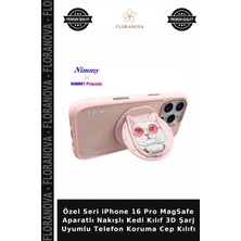 Floranova Özel Seri iPhone 16 Pro Magsafe Aparatlı Nakışlı Kedi Kılıf 3D Şarj Uyumlu Telefon Koruma Cep Kılıfı