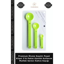Floranova Premium Ölçme Kaşıklı Poşet Klipsi 3'lü Paket Günlük Kullanım Mutfak Gereci Kahve Kaşığı