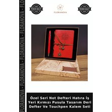 Floranova Özel Seri Not Defteri Hatıra Iş Yeri Kırmızı Pusula Tasarım Deri Defter ve Touchpen Kalem Seti