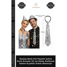 Floranova Gümüş Renk Pul Payetli Işıltılı Parti Kravatı 33 cm Kolay Kullanım Sahne Kıyafeti Erkek Aksesuar