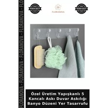 Floranova Özel Üretim Yapışkanlı 5 Kancalı Askı Duvar Askılığı Banyo Düzeni Yer Tasarrufu