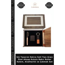 Floranova Şık Tasarım Hatıra Seti Yazı Aracı Özel Ahşap Kutulu Bakır Roller Kalem, Anahtarlık ve Çakmak Set