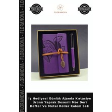 Floranova Iş Hediyesi Günlük Ajanda Kırtasiye Ürünü Yaprak Desenli Mor Deri Defter ve Metal Roller Kalem Seti