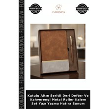 Floranova Kutulu Altın Şeritli Deri Defter ve Kahverengi Metal Roller Kalem Set Yazı Yazma Hatıra Sunum