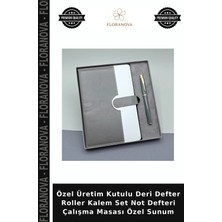 Floranova Özel Üretim Kutulu Deri Defter Roller Kalem Set Not Defteri Çalışma Masası Özel Sunum