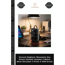 Floranova Güvenli Bağlantı Masaüstü Güç Enerji Çözümü Uzatma 2 Metre Akım Korumalı 3 Prizli 3 USB Girişli