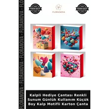 Floranova Kalpli Hediye Çantası Renkli Sunum Günlük Kullanım Küçük Boy Kalp Motifli Karton Çanta