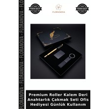 Floranova Premium Roller Kalem Deri Anahtarlık Çakmak Seti Ofis Hediyesi Günlük Kullanım