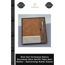 Floranova Özel Seri Kırtasiye Hatıra Kurumsal Altın Şeritli Taba Deri Defter - Kahverengi Roller Kalem