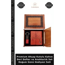 Floranova Premium Ahşap Kutulu Kahve Deri Defter ve Anahtarlık Set Doğum Günü Hediyesi Seti