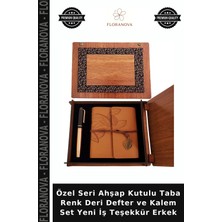 Floranova Özel Seri Ahşap Kutulu Taba Renk Deri Defter ve Kalem Set Yeni Iş Teşekkür Erkek