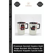 Floranova Premium Sevimli Şaşkın Kedi Kupa Bardak Ofis Kupası Ev Hediyesi Kapaklı Içecek Kabı