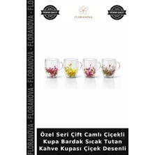 Floranova Özel Seri Çift Camlı Çiçekli Kupa Bardak Sıcak Tutan Kahve Kupası Çiçek Desenli