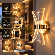 Dolunay Avize Şarjlı Dekoratif Duvar Apliği Gold Krom Renk Seçenekli Günışığı LED Type-C Şarjlı Açma Kapama Düğmeli