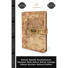 Floranova Kişisel Ajanda Seyahatsever Hediyesi Özel Hatıra Şifreli Vintage Dünya Haritası Desenli Defter