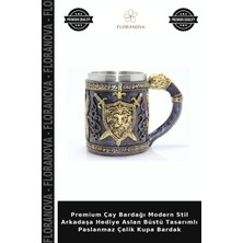Floranova Premium Çay Bardağı Modern Stil Arkadaşa Hediye Aslan Büstü Tasarımlı Paslanmaz Çelik Kupa Bardak