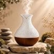 Okmore Ultrasonik Aroma Difüzör ve Soğuk Buharlı Nemlendirici Ev ve Yatak Odası Için  LED Işıklı Esansiyel Yağ Difüzörü  Ahşap Desenli Kaplama, Dokunmatik Kontrol ve 30 ml Su Kapasitesi (Beyaz)