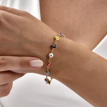 Nox Jewelry 14 Ayar Altın Kaplama 925 Ayar Gümüş Çok Renkli 6 mm Nazar Boncuklu Ayarlanabilir Bileklik - CBS00136