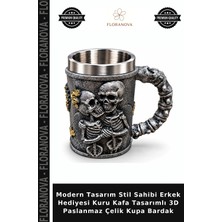 Floranova Modern Tasarım Stil Sahibi Erkek Hediyesi Kuru Kafa Tasarımlı 3D Paslanmaz Çelik Kupa Bardak