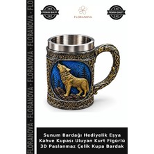 Floranova Sunum Bardağı Hediyelik Eşya Kahve Kupası Uluyan Kurt Figürlü 3D Paslanmaz Çelik Kupa Bardak