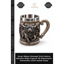 Floranova Sergi Objesi Konsept Ürün Hatıra Nesnesi Boğa Figürlü 3D Kabartmalı Paslanmaz Çelik Kadeh Kupa