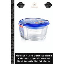 Floranova Özel Seri 3'lü Derin Saklama Kabı Seti Yiyecek Koruma Mavi Kapaklı Mutfak Gereci