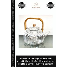 Floranova Premium Ahşap Saplı Cam Çizgili Demlik Günlük Kullanım Mutfak Eşyası Keyifli Sunum