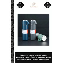 Floranova Özel Seri Soğuk Tutucu Pratik Kullanım Okul Eşyası 3 Bardaklı Kamp Seyahat Piknik Termos Seti 500 ml