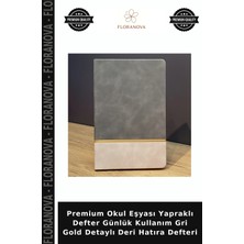 Floranova Premium Okul Eşyası Yapraklı Defter Günlük Kullanım Gri Gold Detaylı Deri Hatıra Defteri