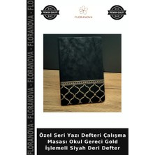Floranova Özel Seri Yazı Defteri Çalışma Masası Okul Gereci Gold Işlemeli Siyah Deri Defter