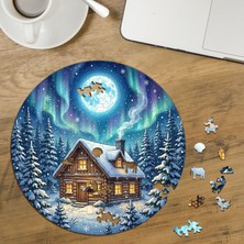 Punto Dizayn Kuzey Işıkları - Karlı Köy Evi  Tasarımlı Özel Kesim Yuvarlak 272 Parça Ahşap Puzzle MPDA864