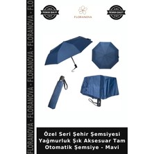 Floranova Özel Seri Şehir Şemsiyesi Yağmurluk Şık Aksesuar Tam Otomatik Şemsiye - Mavi