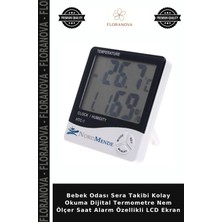 Floranova Bebek Odası Sera Takibi Kolay Okuma Dijital Termometre Nem Ölçer Saat Alarm Özellikli LCD Ekran