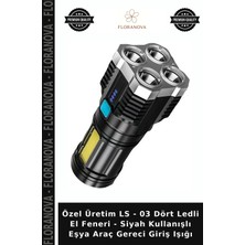 Floranova Özel Üretim Ls - 03 Dört Ledli El Feneri - Siyah Kullanışlı Eşya Araç Gereci Giriş Işığı