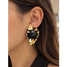 Mel and Co Siyah Taşlı Elit Gold Küpe